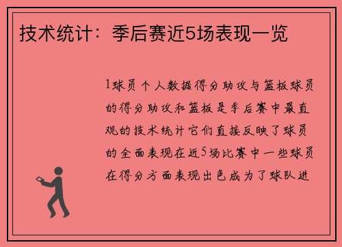 技术统计：季后赛近5场表现一览
